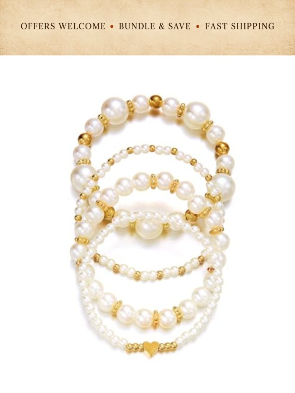 14K Gold Plated Beaded Bracelet Set Adjustable Stretch Stackable